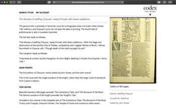 Sample image of Parapluie project: Codex Rare Books Database and Web Interface